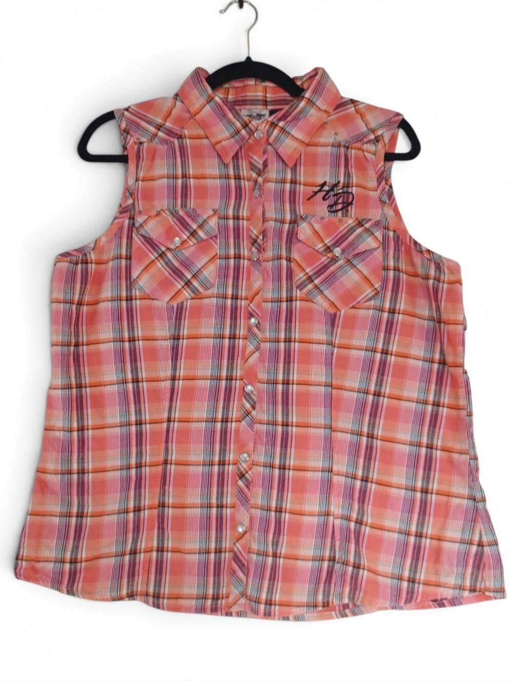 Harley-Davidson Plaid Sleeveless Snap Button Shirt XL Western Rodeo Cowgirl Top